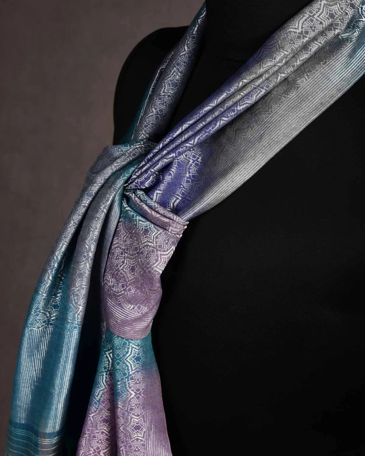 Multi-color Banarasi Silver Zari Kaleidoscopic Stars Brocade Handwoven Silk Wool Scarf 72"x22"
