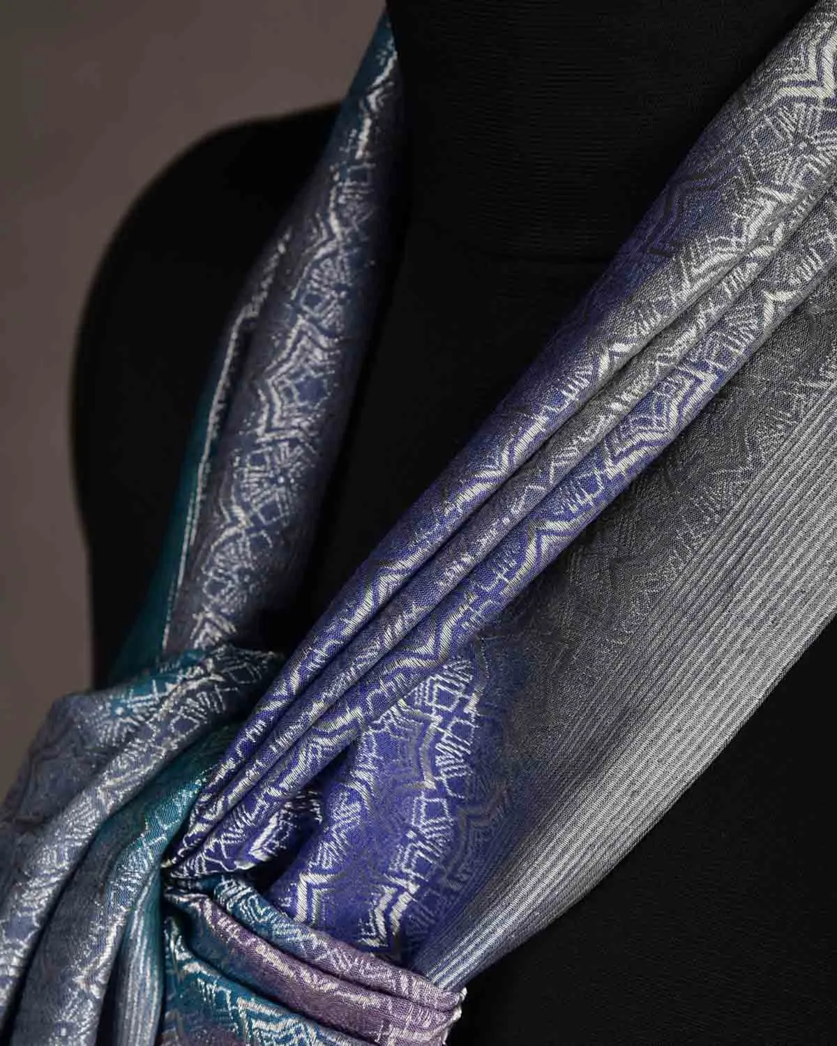 Multi-color Banarasi Silver Zari Kaleidoscopic Stars Brocade Handwoven Silk Wool Scarf 72"x22"