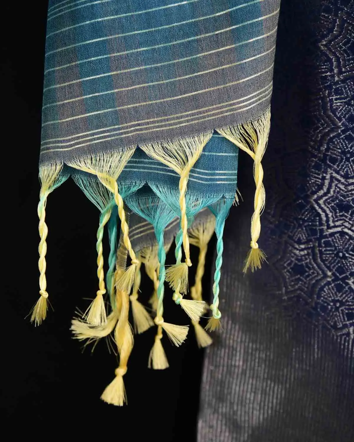 Multi-color Banarasi Silver Zari Kaleidoscopic Stars Brocade Handwoven Silk Wool Scarf 72"x22"