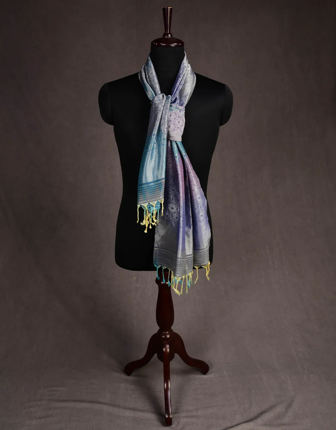 Multi-color Banarasi Silver Zari Kaleidoscopic Stars Brocade Handwoven Silk Wool Scarf 72"x22"