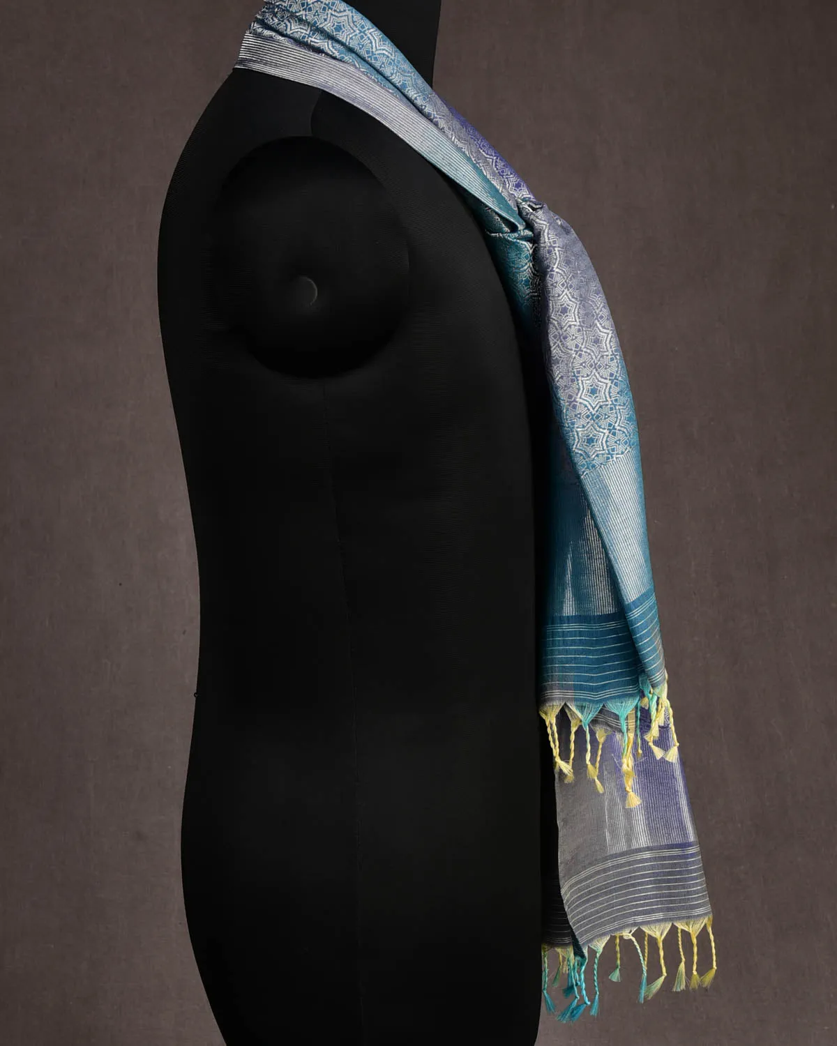 Multi-color Banarasi Silver Zari Kaleidoscopic Stars Brocade Handwoven Silk Wool Scarf 72"x22"
