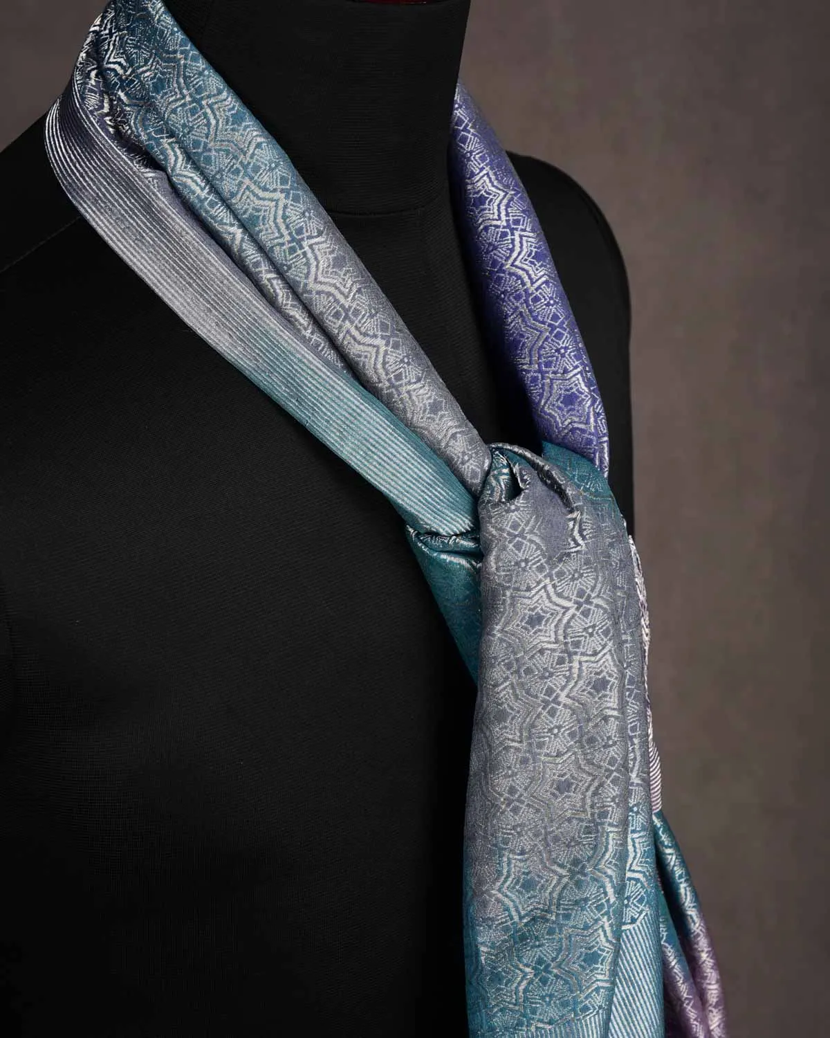 Multi-color Banarasi Silver Zari Kaleidoscopic Stars Brocade Handwoven Silk Wool Scarf 72"x22"