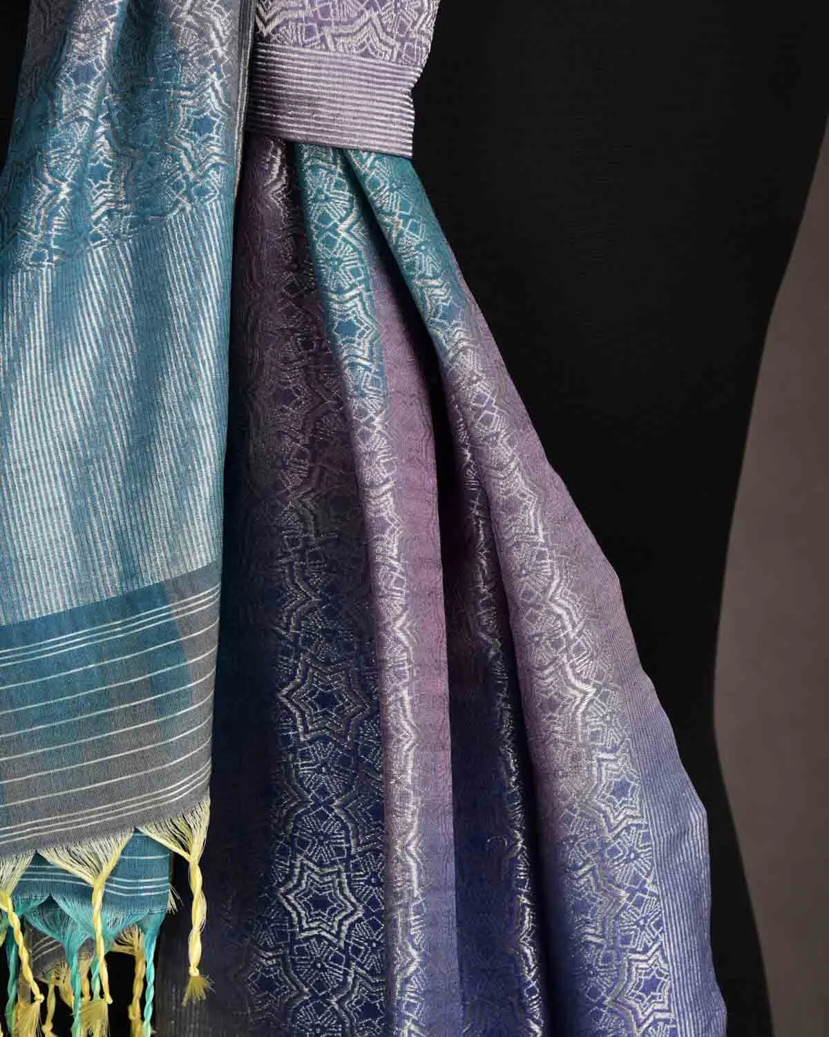 Multi-color Banarasi Silver Zari Kaleidoscopic Stars Brocade Handwoven Silk Wool Scarf 72"x22"